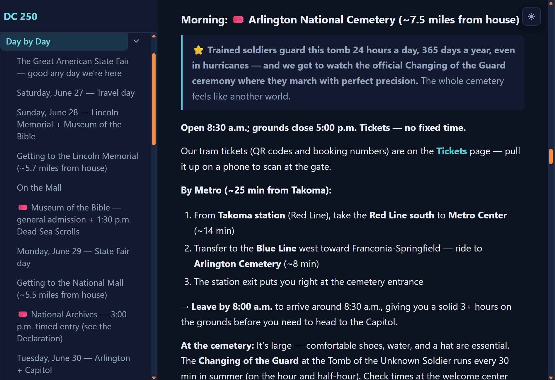 Day-by-day trip itinerary for a Washington DC visit, with a morning plan for Arlington National Cemetery and step-by-step Metro directions