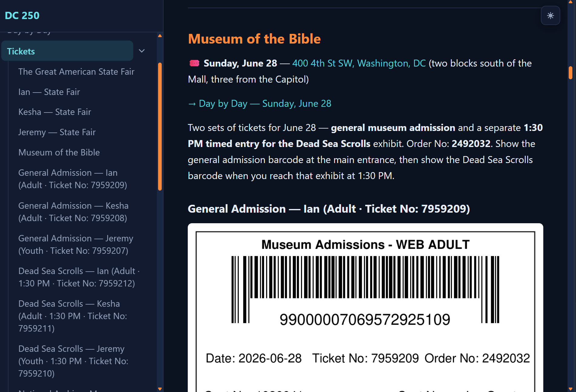 Tickets page showing a scannable Museum of the Bible admission barcode saved right in the trip plan